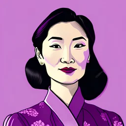 2d Illustration of a 33 year old beautiful Chinese woman, front view, flat single color saturated purple background