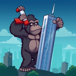 vector Cartoon gorilla gluing two skyscrapers together
