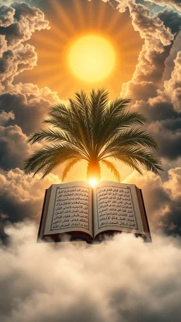 Sun light above swirling clouds, emerges from the heart of a raging storm. Turbulent winds of steam swirl around lit by shafts of sunlight that cast dramatic shadows on the A beautiful open book with Arabic words in the middle behind a palm tree , a very beautiful lighting, High quality 16k cinematic scene and great photography
