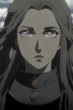 Berserk screencap of a gothic female with heavy eye bags and long, wavy light hair and blue eyes. Beautiful background scenery of a Gothic army behind her. With studio art screencap. 4k quality