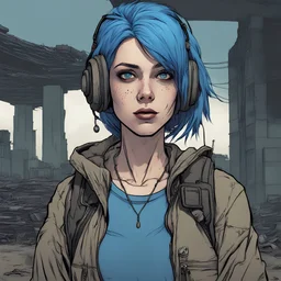 female, portrait,comic book, face, post-apocalypse, blue hair