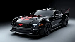 batmobile concept inspired from a 2025 ford mustang dark horse with a large elaborate spoiler and batman symbol style fins, batman symbol in grille, lower wind deflector. red stripes like 1960s adam west batmobile