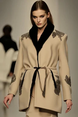 a winter fashion runway with moderna clothes inspired by Superman style, embroidery elegante fashion beige tones