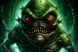 Digital illustration of a (((Vogon))), characterized by green skin, red eyes, and a large nose with rotten teeth. Art style inspired by surrealism and grotesque aesthetics. Background: bureaucratic setting. Use a fish-eye lens for a distorted perspective. Influenced by artists on Dribble and Deviantart. High-resolution image emphasizing the absurd and repulsive nature.Alchemy v2 dynamicLeonardo Diffusion XL