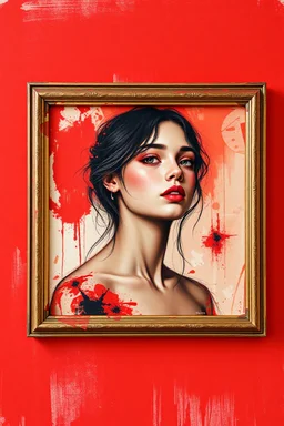 A beautiful young women painted with abstract red painting in side a picture frame