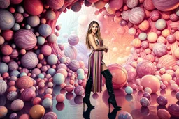 beautiful full body with long boots lady in surreal stage made of fractal random size spheres with helical strip colors in clothing similar to environment full body posing to camera