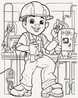 coloring page, depicting a black boy as a Electrician, full body, outline, black and white, highly defined, well defined, white background, empty background, cartoon style, coloring book style