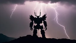 silhouette of the a transformer very very very far away on top of a mountain in the distance, cinematic lightning