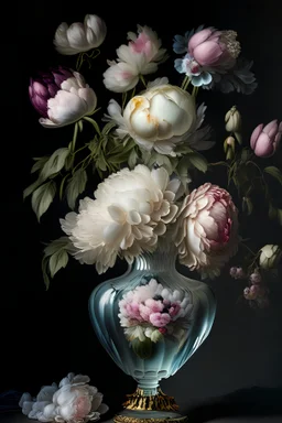 Meissen Porcelain Clear Crystal Vase sitting on a table with a dark background, many large flowers, peonies, roses, tulips