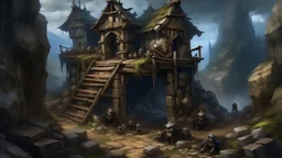 A hobbled together goblin fortress, abandoned, falling apart, fortifies, traps everywhere, wooden walls, decrepit structures, rocky terrain, realistic, medieval, painterly
