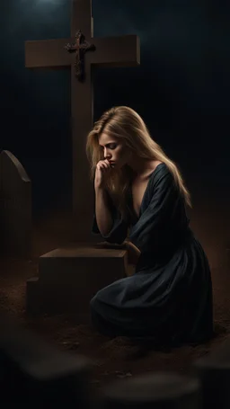 photorealistic hyperdetailed young woman with dirty blonde hair crying kneeling by a grave with a wooden cross dark fantasy