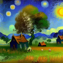 Dibujo al oleo de una pradera con una casa y unos elefantes con muchas nubes de colores estilo Vincent van Gogh