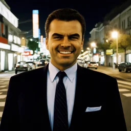 very grainy discolored photo, face portrait, empty night street, grunge, 2000s Russia, businessman, extremely gaunt, haughty, dangerous smile, perfect looking, striking features, nice suit, extremely pale, inhuman