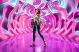 beautiful lady with todays modern clothing and sport shoes, in surreal stage made of 3d fractal random size recursive objects with helical strip colors in clothing similar to environment full body dancing to camera,animating background metallic random color and size recursive objects