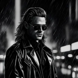 Zack Efron frontal wearing sunglasses, very long hair and a leather jacket, dark rainy city clair-obscur background, Black and white photo-realistic synthwave, darksynth, retrowave, Syd Mead style