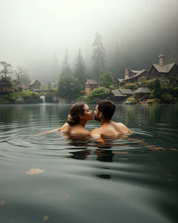 Portrait Romantic European couple swimming kissing together in lake Wonderful landscape fantasy early morning heavy fog photography art Rivendell village,lake,magical forest and houses,beautiful mushrooms,roses flowers,little waterfall,lake,close up photo beautiful romance couples on swimming together in lake