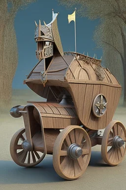 medival car with wooden wheels, driven by a knight