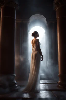 transparent woman made of fog in a roman temple. full body shot. fantasy setting, Cinematic lighting, Volumetric lighting, Epic composition, Photorealism, Very high detail, Character design, Unreal Engine, Octane render, HDR, Subsurface scattering, fantasy art,