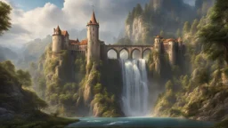 a big waterfall falling upon a medieval european city at the end of a steep, narrow, 3.000 feet tall ravine. a masterpiece, fantasy concept art, dynamic lighting, hyperdetailed, intricately detailed, deep color, Unreal Engine, volumetric lighting, Epic cinematic brilliant stunning intricate meticulously detailed dramatic atmospheric maximalist digital matte painting