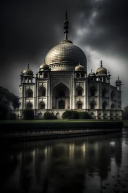 cinematic photo of the Taj Mahal with rain in the backdrop