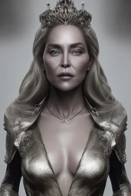 Sharon Stone as evil queen in black leather gown, cleavage, angry, dominant, emperious, stern look unreal 5, octane render,cinema4d, dynamic lighting, dramatic lighting, 4k, redshift render, highly detailed, hyper realistic