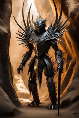 A sinister enlongated humanoid creature made entirely of sharpened metal blades and spikes stands before a metal tree in a desert cave. Photograph.