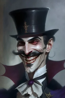 Strahd von Zarovich with a handlebar mustache and a top hat with a sadistic grin