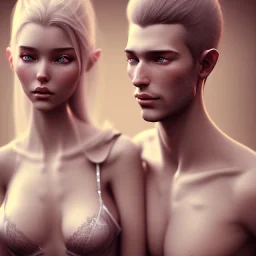 two elves. woman and man. Lingerie. photorealistic. low-key