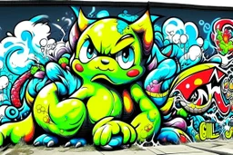 a graffiti mural wall with the word cell pokemon style