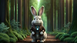 High-end hyperrealism epic cute fluffy rabbit hero placed in the middle length of the forest alley 20 metres away from camera, Steampunk-inspired cinematic photography, symmetry forest alley background, Aesthetic combination of metallic sage green and titanium blue, Vintage style with brown pure leather accents, Art Nouveau visuals with Octane Render 3D tech, Ultra-High-Definition (UHD) cinematic character rendering, Detailed close-ups capturing intricate beauty, Aim for hyper-detailed 8K