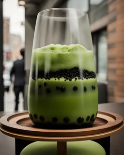 filling the frame we are looking into a tank filled with matcha green bubble tea, dark tapioca pearls along the bottom against the glass, ice floating at top, no fish, no outside of tank