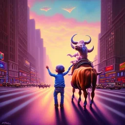 A one-year-old boy rides on the cow in the middle of a busy street in new york. photographic, bright colors and sunset, fantasy art, Anna Dittmann, digital painting, dan mumford, oil on canvas, jeff koons, akihito yoshida, wlop, kodachrome.