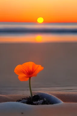 single orange flower on the beach at sunset