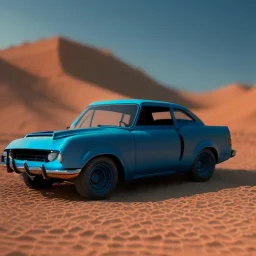 3d rendering. futuristic blue car. Buried in desert sand. Lost in Time, cinematic lighting