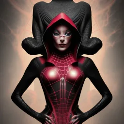 This spider woman is a formidable sight to behold, with the body of a human woman and the head and legs of a spider. She is dressed in a sleek black and red leather suit, with a hood that covers her spider head. Her skin is covered in shimmering black scales, and her eyes glow a bright, otherworldly green. She is fast and agile, able to climb walls and ceilings with ease. She has venomous fangs and sharp claws, and she can spin webs of magical energy to ensnare her enemies. She is intelligent an