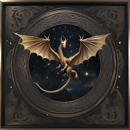 image framed with a thin border of celtic designs, story book cover format, A winged celestial dragon in flight above a forested mountain, against a background of brilliantly glittering stars, hd 4k, fine sharp detail