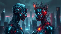 In the eerie digital dystopia, a cybernetic king & queen reigns over a decaying kingdom of interconnected circuits and pixelated ruins. This digital painting depicts a hauntingly beautiful scene of a futuristic cityscape where neon lights flicker among broken skyscrapers. Their metallic skin glistens with intricate circuitry, their eyes glowing with artificial intelligence. The level of detail in the image is mesmerizing, with each pixel carefully crafted to create a sense of foreboding elegance
