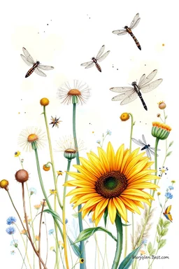 Dandelions, Water Hemlock, wild flowers and dragonflies stunning watercolor art by susan Winget, painted, in gold, blue and white tones with a sunflower --v 7 In style of Marjolien Bastin.
