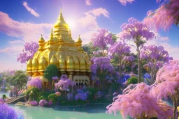 gold and pink crystal indian PALACE，montagnes,swanns,waterfall, BLUE LAKE, SWANNs,fuksia bugainvillier flowers, jacaranda violet trees, sky pink blue, full of details, smooth, bright sunshine，soft light atmosphere, light effect，vaporwave colorful, concept art, smooth, extremely sharp detail, finely tuned detail, ultra high definition, 8 k, unreal engine 5, ultra sharp focus