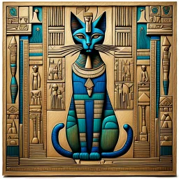 Cubism iridescent 3D-shaded Egyptian abstract art in Morris Hirshfield's richly textured style on weathered parchment. Engraved Egyptian glyphs. Highly detailed. (Bastet, the Egyptian cat goddess, sitting on a pedestal in a complex, detailed temple room, in front of beautifully decorated pillars adorned with Egyptian glyphs, and ankhs, on a noble, tiled floor. The cat wears tattoos, and her body is adorned with precious gold and lapis lazuli jewelry.) palm trees, more cats in soft focus backgrou