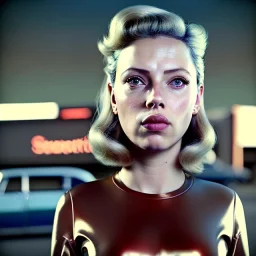 Ultra Realistic retro sci-fi burst Supermarket parking scene, 1960 year, waist up view portrait, blonde woman, sweet scarlet Johansson face, perfect iris, glow eyes, face makeup, tight latex coat; many panic people looking, Retro sci-fi style, soft color, highly detailed, unreal engine 5, ray tracing, RTX, lumen lighting, ultra detail, volumetric lighting, 3d, finely drawn, high definition, high resolution.