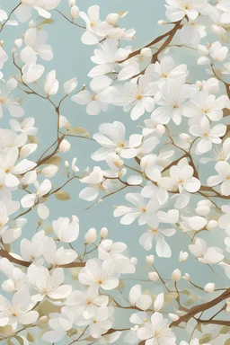 Transport yourself to a peaceful summer day with a modern illustration of a deep light blue background, featuring delicate line-work with white lines of pear tree petals blossoming. The simple lines of the petals are gently swaying, adding a sense of movement and life to the tranquil scene. The petals are scattered throughout the whole background. The vibrant contrast between the soft petals and the bold blue is simply breathtaking. Focus on the details of the lines that form the petals