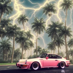 1980's aesthetic vaporwave palm trees and spheres and Porsche with lightning