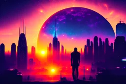 city, galaxy, people, neo noir, sunset, sci-fi, epic