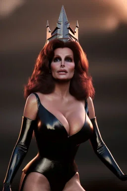 Raquel Welch as evil queen in black leather gown, angry, busty, curvey, cleavage, unreal 5, octane render, cinema4d, dynamic lighting, dramatic lighting, 4k, redshift render, highly detailed, hyper realistic