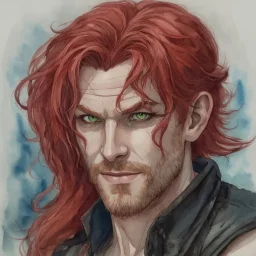 dnd, fantasy, watercolour, large strokes, stylistic, portrait, illustration, dull colours, male, face, narrow long face, weathered face, green eyes, determined, smiling, red hair, very long hair streaming down the shoulders, lush hair, radiating light, five o'clock shadow, elegant, short small mouth