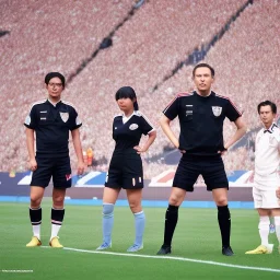 Nahomi Kawasumi in a referee jersey officiating for a soccer match at Wembley Stadium