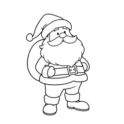 A black and white cute drawing of a Santa Claus . Only outline, white background,for kids. The illustration should be in [SUPER SIMPLE], black and white, bold line art with a clear, mostly empty background. [INCLUDES ONLY OUTLINES WITH NO FILLED IN BLACK AREAS], ensuring no shading, no complex images, and making it very easy to color in between the lines.