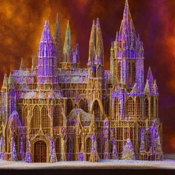 model of grand cathedral made of gingerbread house with crushed, vibrant rock candy as stain-glassed windows, 8k resolution, centered, high-quality, ultrafine-detail, ornate, digital art, detailed matte, volumetric lighting, illustration, 3D octane render, brian froud, howard lyon, George Grie, greg rutowski,