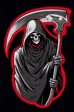 Grim-Reaper gripping scythe, vignette, black and white graphic novel style with a red outline, and black background,